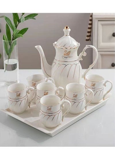 Buy Large White Porcelain Teapot 1350ml with 6 Coffee Cups in UAE