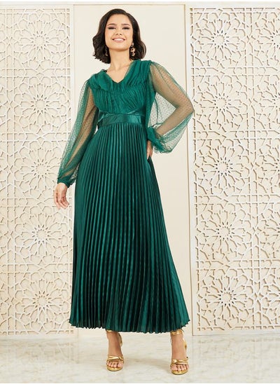 Buy Dobby Mesh Sleeves Satin Pleated A-Line Maxi Dress in Saudi Arabia