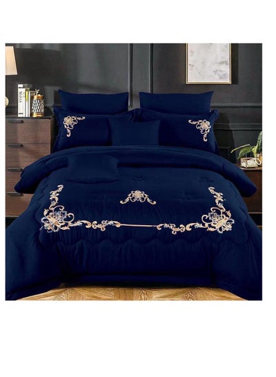 Buy 6 Pieces set King Size Embroidery Warm Cotton Comforter Set with Thickened Fiber Filling, Duvet(220*240 cm) fitted bedsheet(200x200*30cm) in UAE