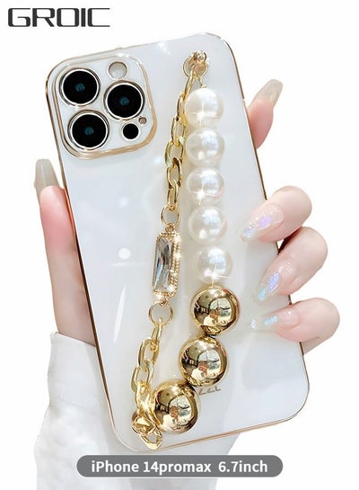 Buy iPhone 14 Pro Max Phone Case with Fashion Pearl Bracelet Strap,Luxury Plating Cover,White TPU Phone Shell for Women,Camera Protection Shockproof Bumper Phone Case for iPhone 14 Pro Max 6.7 Inch in UAE