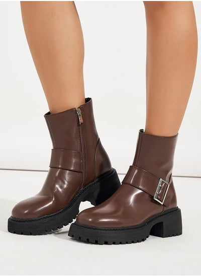 Buy Solid Buckle Detail Biker Ankle Boots in Saudi Arabia