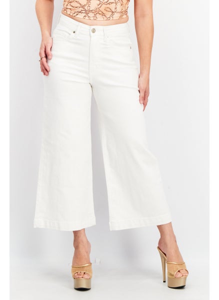 Buy Women Regular Fit Plain Wide Leg Crop Jeans, White in Saudi Arabia