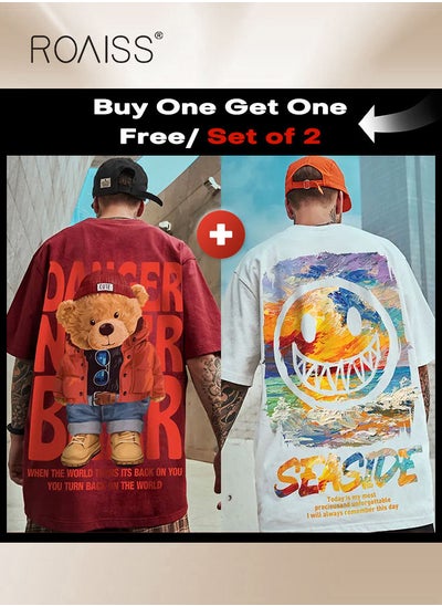 Buy 2Pcs Man's T-shirt Loose Version Trendy All-Match Pattern Printing Short Sleeves in UAE