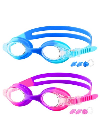 اشتري Kids Goggles For Swimming Age 3 15 2 Pack Kids Swim Goggles With Nose Cover No Leaking Anti Fog Waterproof Blue & Purple في الامارات