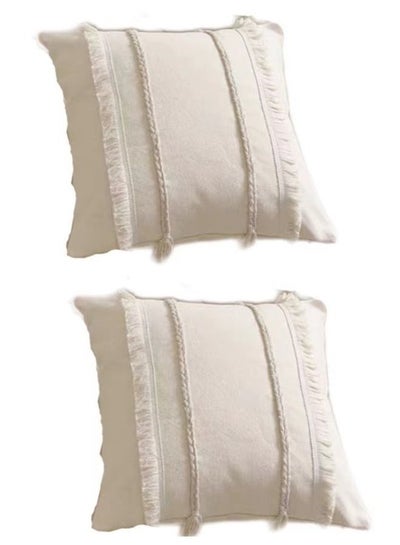 Buy 2-Piece Bohemia Tassel Braid Pillow Cover/Throw Pillowcase/Sofa Pillow Cover Canvas Material Beige 45 x 45 Centimeter in UAE