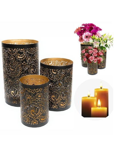 Buy Pillar Candle Holder Arabic Candle Holders - Set of 3 Metal Candle Holders for Ramadan Lanterns, Indoor & Outdoor Use Golden in UAE
