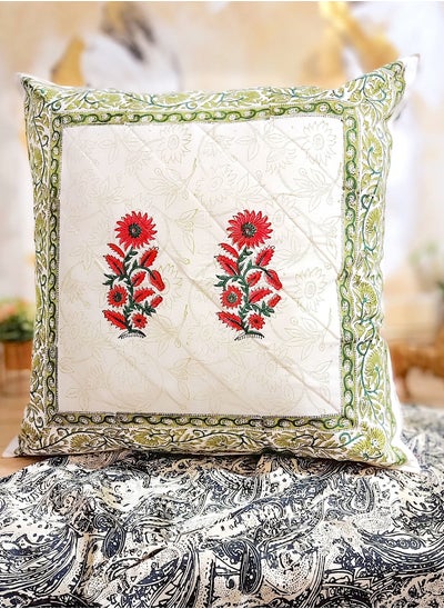 Buy Red And Green Hand Block Printed Premium Organic Cotton Cushion Cover 65 Cm X 65 Cm in UAE