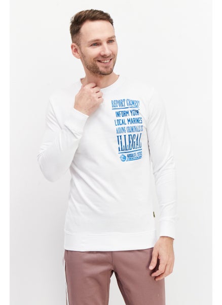 Buy Men Crew Neck Graphic Print Long Sleeves Sweatshirt, White/Blue in Saudi Arabia