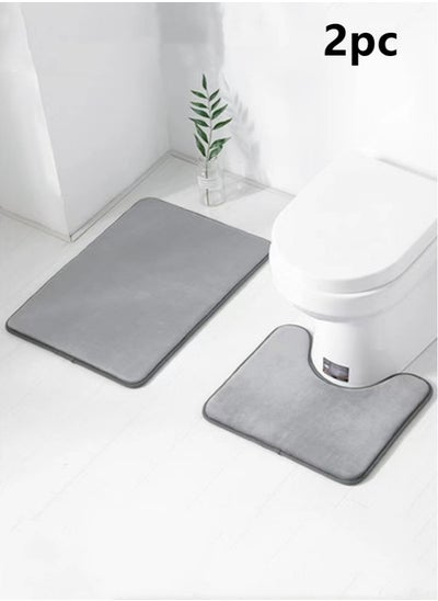 Buy 2-Pieces European Simple Style Toilet Floor Mat Suit Bathroom Carpet Set Polyester Fiber Grey in UAE