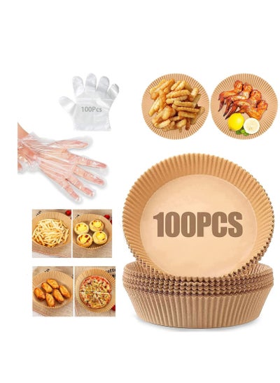 Buy 100Pcs 6.3Inch Air Fryer Liners Greaseproof Nonstick Round Parchment Papers with 100 Transparent Gloves in UAE