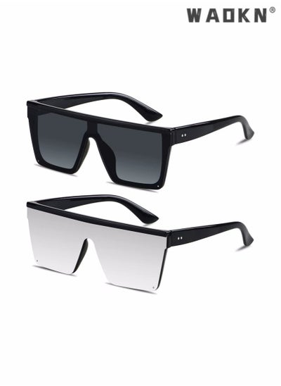 Buy Sunglasses, Square Oversized Sunglasses for Women Men, 2Pcs UV Protection Anti Eyestrain Big Flat Top Fashion Shield Rimless Shades, for Driving Traveling, All-match Sunglasses(two different colors） in Saudi Arabia