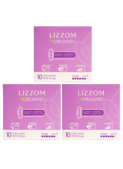 Buy LiZZOM Organic THICK Night Pads (Pack of 3) - LARGE Size with wings - 30 count. Dry feel | Plastic free | Antibacterial | Odor & Rash free. in UAE