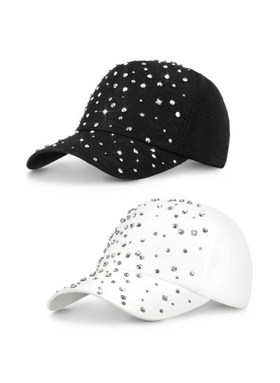 Buy 2 Pcs Adjustable Breathable Rhinestone Baseball Cap for Women Men Sequins Casual Sports Cap Rhinestone Hat in UAE