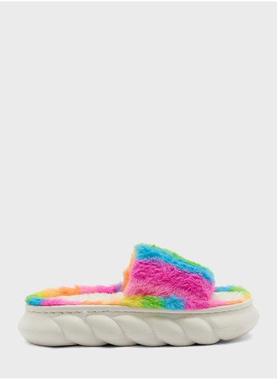 Buy Neon Stripe Furry Bedroom Slippers in Saudi Arabia