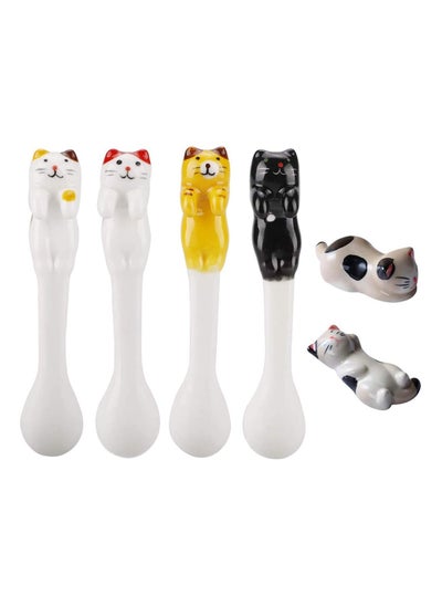 اشتري Mini Cute Ceramic Cat Spoon, Hangable Tea Spoon Coffee Spoon Sugar Spoon, 4 Pcs Hanging Cup Teaspoons Cartoon Animals Spoons with 2 Chopsticks Rest, Tableware Kitchen Tools في السعودية