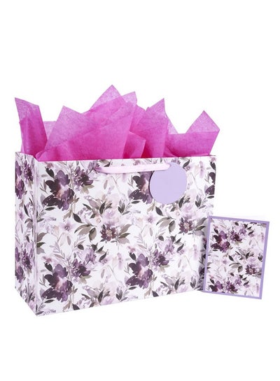 اشتري 16" Extra Large Gift Bag With Greeting Card And Tissue Paper Purple Floral For Mothers Day Birthday في الامارات