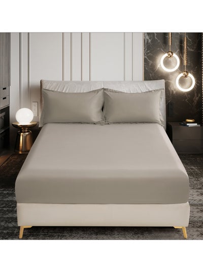 Buy Bedding Fitted Sheet 3-Pcs Queen Size Solid Bed Sheet Set Fits(150x200CM) With Pillowcases And 30 CM Extra Deep Brushed Microfiber Bed Sheet,Tan in UAE