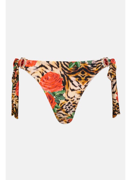 اشتري Women Animal Print Tie Side Bikini Bottom, Tan/Red Combo في الامارات