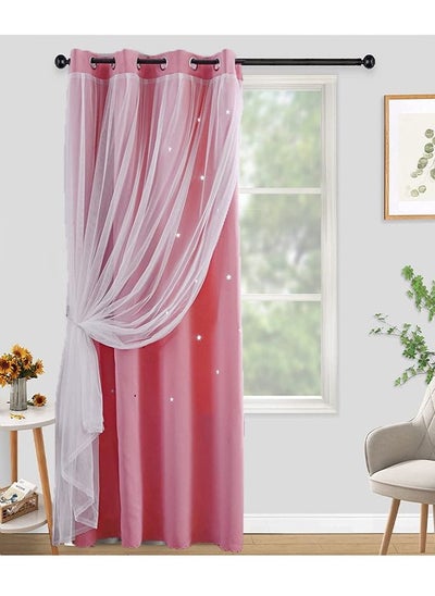 اشتري Double Layer Hollow Out Star Window Blackout Curtains for Kids Girls Bedroom Living Room Pink/White 132X160/132x213/132X240cm في الامارات