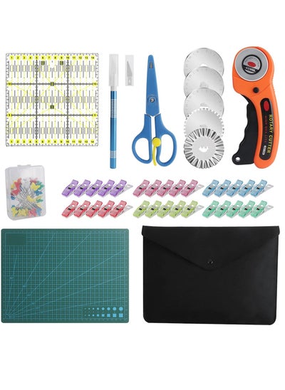 Buy 45mm Fabric Cutter Set, 96 PCS Rotary Cutter Kit,  5 Pcs Replacement Blades, Cutting Mat, Patchwork Ruler, Carving Knife,Scissors, Storage Bag, Sewing Clips,Sewing Full Tools for Quilting Supplies in UAE