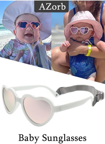 Buy Polarized Baby Sunglasses with Adjustable Strap Heart Sun Glasses Unbreakable Soft Frame Shades Toddler Newborn Kids for Boys Girls Ages 0-3 White in Saudi Arabia