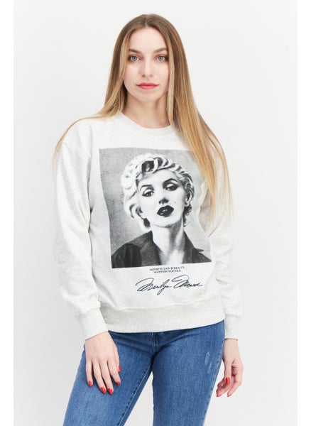 Buy Women Crew Neck Printed Long Sleeve Sweatshirts, Light Grey Melange in Saudi Arabia