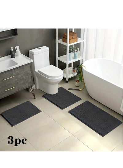 Buy 3-Pieces Simple Soft Chenille Bathroom Mat Set Water Absorbent Non-Slip Bathroom Floor Mat Bathroom Floor Mat Black in UAE