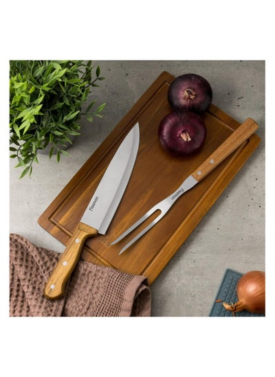 Buy 3-Piece BBQ Set Grill Tool, Stainless Steel Acacia Cutting Board, 8'' Chef Knife, Carving Meat Fork in UAE