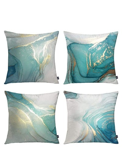 Buy Throw Pillow Covers, Marble Texture Turquoise and Gold Silver Decorative Case Set of 4, Luxury Abstract Fluid Art Ink Soft Velvet Square Cushion Covers for Bed Sofa Home Decor, 45 x 45cm in UAE