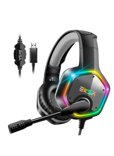Buy E1000 Over-Ear 7.1 Surround Sound Gaming Headset with Noise Canceling Mic and RGB LED Light for PS5 PS4 Mac Laptop Grey Black in Saudi Arabia