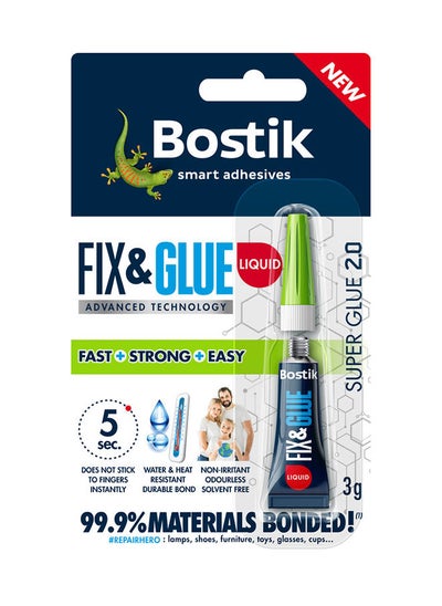 Buy Bostik Fix & Glue Liquid, Ultra-Strong, Fast-Setting Super Glue, Bonds 99.9% of Materials, Solvent Free, 3g Tube in UAE