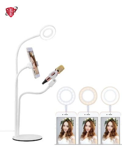 Buy Universal Cell Phone Holder Bracket Selfie Ring Light with Microphone Clip & 3-Color Light Adjustment, for Studio Recording, Live Broadcast, Live Show, KTV, etc.(White) in UAE