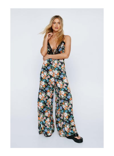 Buy Floral Satin Lace Trim Jumpsuit in UAE