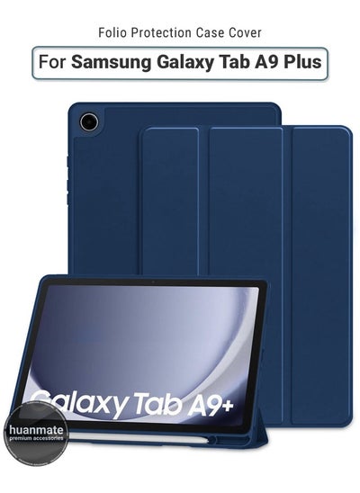 Buy Samsung Galaxy Tab A9 Plus 11 Inch Case Cover with S Pen Holder, Soft TPU Tri-Fold Stand Protective Tablet Cover, Auto Wake/Sleep - Dark Blue in Saudi Arabia