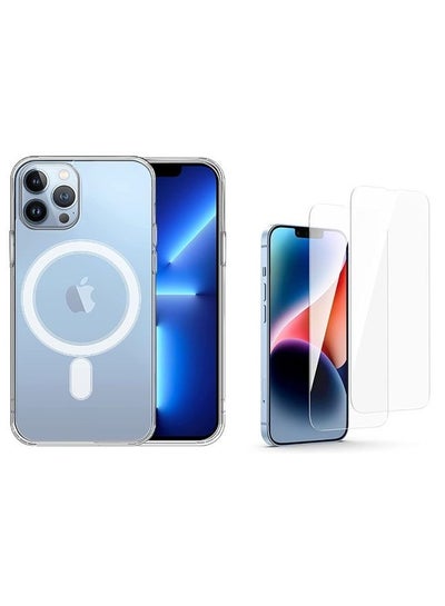 Buy iPhone 13 Pro Max case clear Magsafe slim protective case with anti-yellowing and anti-bumping clear magnetic cover including 2 tempered glass screen protectors in UAE