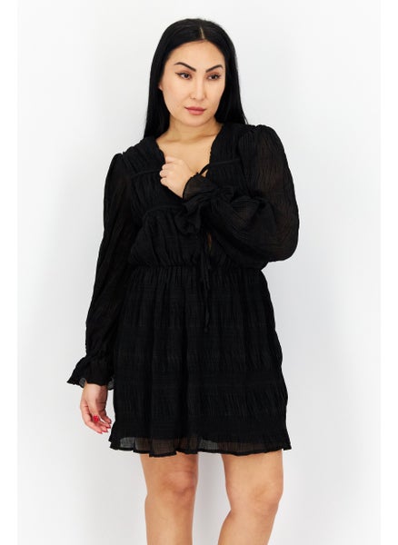 Buy Women Long Sleeves Pleated Casual Mini Dress, Black in Saudi Arabia