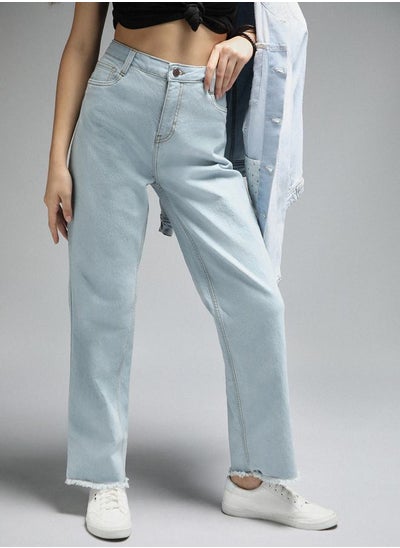 Buy High Rise Straight Fit Raw Edge Stretchable Jeans in Saudi Arabia