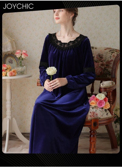 اشتري Long-sleeved Nightgown for Women Winter Palace Style Long Home Dress Gold Velvet Fabric Warm Pajamas Ladies Loose Loungewear Dark Blue في السعودية