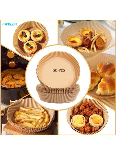 Buy 50 Pieces Air Fryer Disposable Paper Liners 16cm, Round Baked Silicone Oil Paper, Non-Stick Parchment Paper, No Leakage, Air Fryer Special Paper Tray, Oil Proof And Waterproof  Food Grade Liner. in UAE