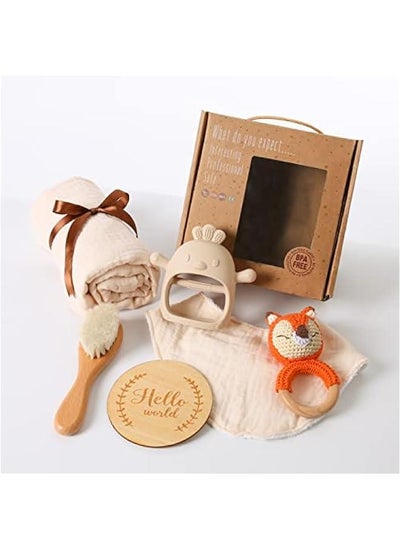 Buy YOUUYS Baby Gift Set for Newborn - Baby Essential Bath Basket Gift Set with Baby Blanket Baby Rattle Teether Toy & Hair Brush Newborn Shower Gift for Baby Girls Boys 6PCS (Orange Fox) in Saudi Arabia