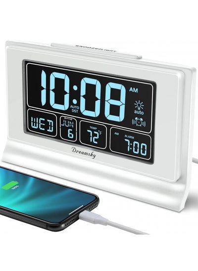 Buy DreamSky Digital Alarm Clock with Battery Backup for Bedroom, Auto Set Clock with USB Charging Ports, 5 Inch Large Display with Date Weekday Temperature, Auto DST, Brightness Dimmer, Snooze, 12/24H in UAE