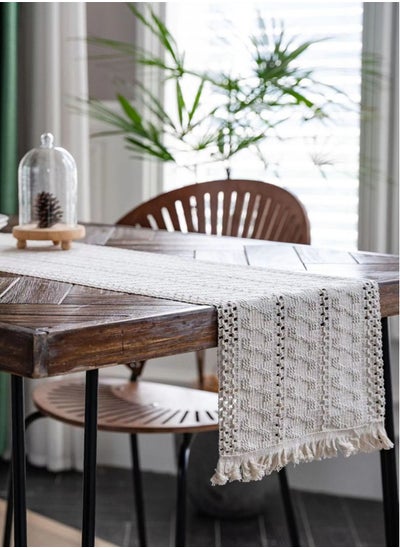 Buy 1-Piece Cutout Hollow Lace Tablecloth Fringed Table Runner for Coffee Table Dining Table TV Cabinet Tablecloth Beige White 180 x 35 Centimeter in UAE