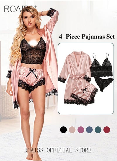 Buy 4 Pack Women's Nightwear Set Silk Satin Sleepwear Pajama Summer Home Wearing Clothes Suits Embroidered Breathable Ladies Lingerie Robe Nightdress Underwear Panties in Saudi Arabia