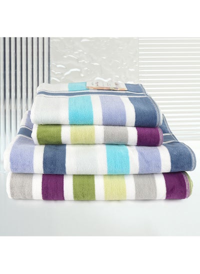 Buy 4 Piece Bathroom Towel Set JEWELS 500 GSM 100% Cotton Velour 2 Bath Towel 70X140 cm & 2 Hand Towel 50x90 cm Blue & Green Color Modern Stripe Design Luxury Touch Extra Absorbent in UAE