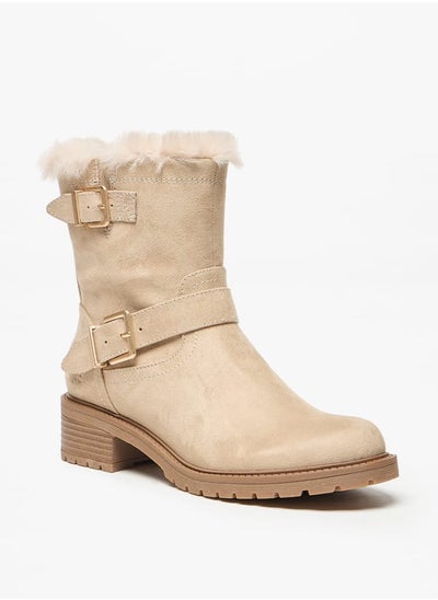 Buy Women's Solid High Shaft Boots with Faux Fur Detail in Saudi Arabia