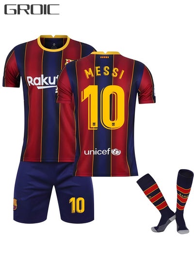 Buy Messi Barcelona Jersey #10 Soccer T Shirt and Shorts,Football Jersey for Adults,Football Suits,Soccer Socks,Football Jersey Set in UAE