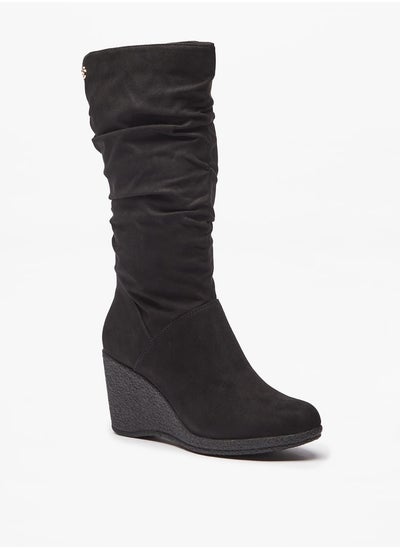 Buy Women Ruched High Shaft Boots with Wedge Heels in Saudi Arabia