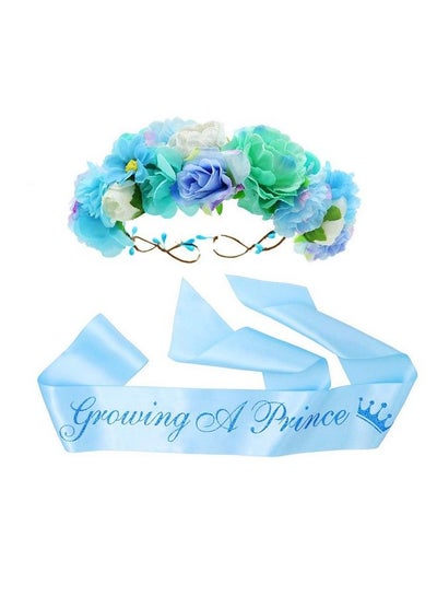 Buy "Growing A Prince" Sash & Flower Crown Kit Baby Shower Sash Prince Baby Boy Shower Baby Sprinkle (Blue) in Saudi Arabia