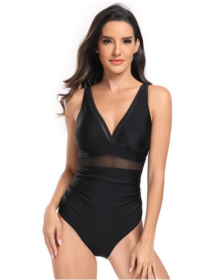 Buy Women's Solid Color One Piece Swimsuit V-Neck Bathing Suits Black in UAE