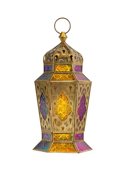 اشتري HilalFul Golden Brass Multicolored Glass Decorative Candle Holder Lantern | For Home Decor in Eid, Ramadan, Wedding | Living Room, Bedroom, Indoor, Outdoor Decoration | Islamic Themed | Moroccan في الامارات